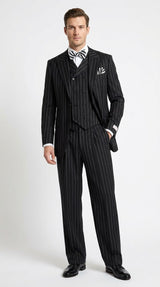 Men’s Black Pinstripe 3-Piece Suit Wool Suit  – Classic Fit Single Button Suit with Wide Leg Pleated Pants By Tiglio Russo