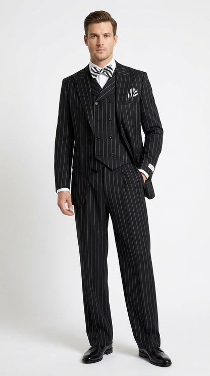 Men’s Black Pinstripe 3-Piece Suit Wool Suit  – Classic Fit Single Button Suit with Wide Leg Pleated Pants By Tiglio Russo