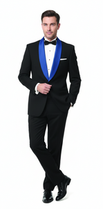Men’s Black Tuxedo with Royal Blue Shawl Lapel | Modern Formal Dinner Jacket Suit + Pants for Weddings, Proms