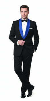 Men’s Black Tuxedo with Royal Blue Shawl Lapel | Modern Formal Dinner Jacket Suit + Pants for Weddings, Proms