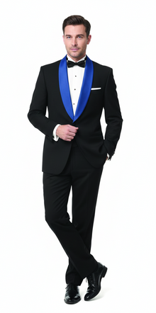 Men’s Black Tuxedo with Royal Blue Shawl Lapel | Modern Formal Dinner Jacket Suit + Pants for Weddings, Proms