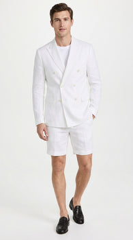 Men’s White Summer Suit with Shorts, 2 Piece Linen Style Wedding Beach Short Suit Set double breasted style
