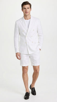 Men’s White Summer Suit with Shorts, 2 Piece Linen Style Wedding Beach Short Suit Set double breasted style