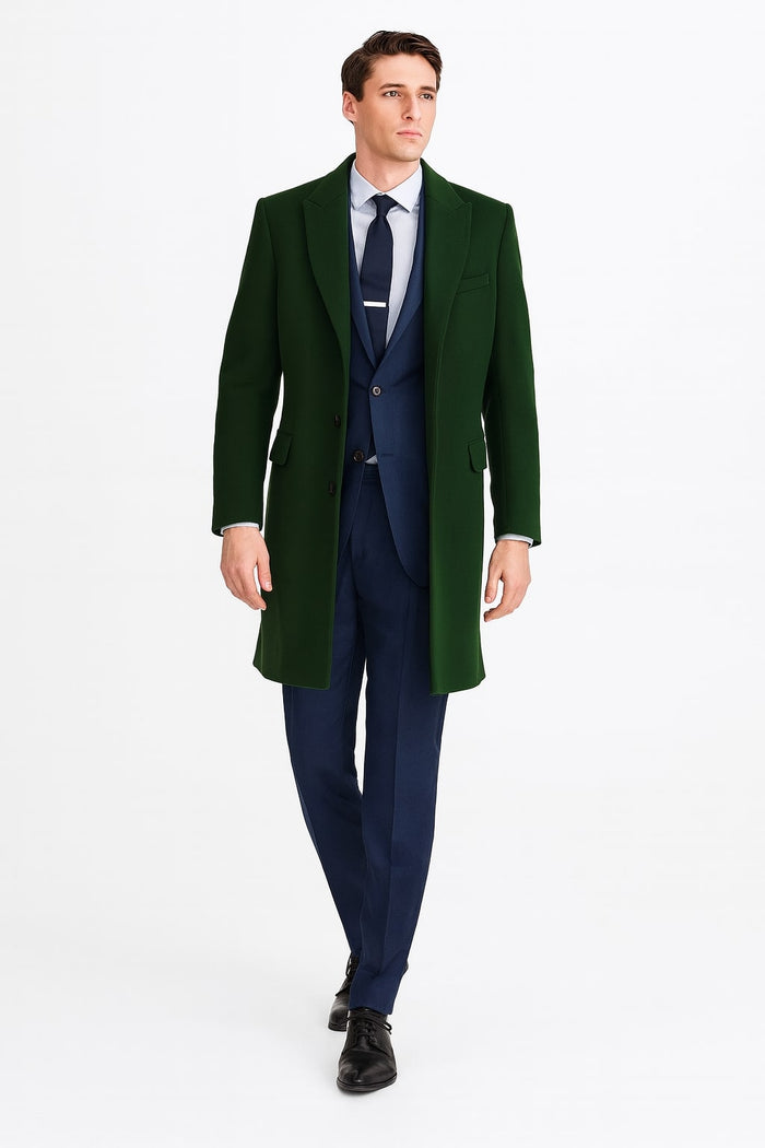 Mens Dark Green Wool Overcoat – Classic Long Coat for Formal and Casual Style