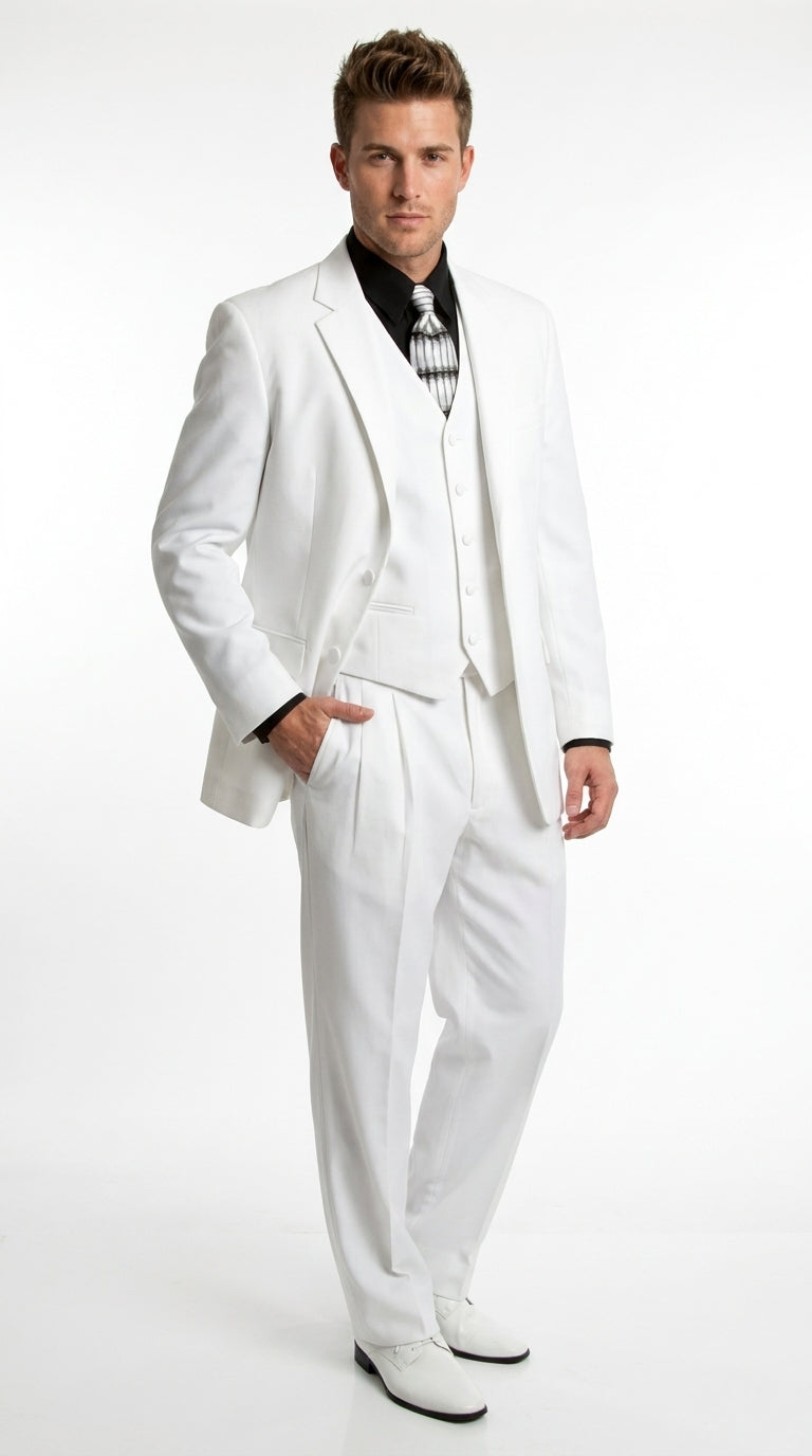 Men’s All White Classic 3 Piece Suit with High Vest, 3 Button Jacket and Pleated Pants