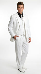 Men’s All White Classic 3 Piece Suit with High Vest, 3 Button Jacket and Pleated Pants