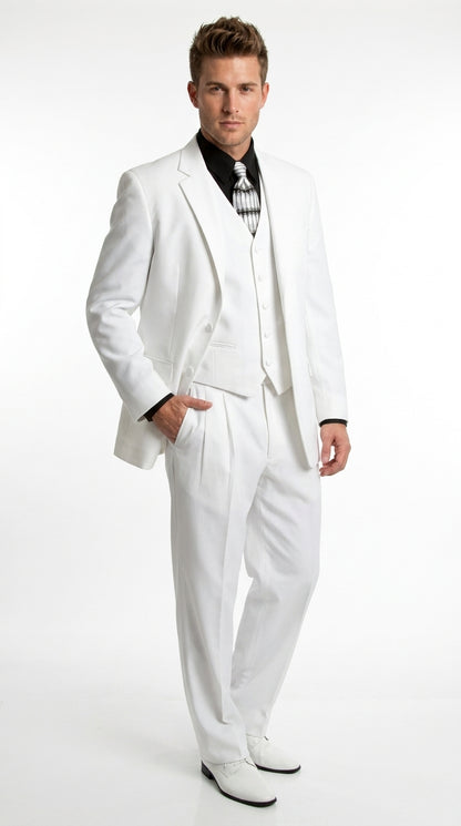Men’s All White Classic 3 Piece Suit with High Vest, 3 Button Jacket and Pleated Pants