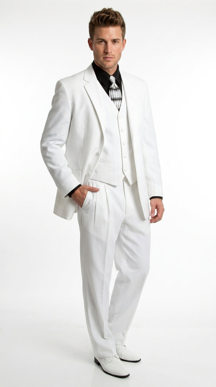Men’s All White Classic 3 Piece Suit with High Vest, 3 Button Jacket and Pleated Pants