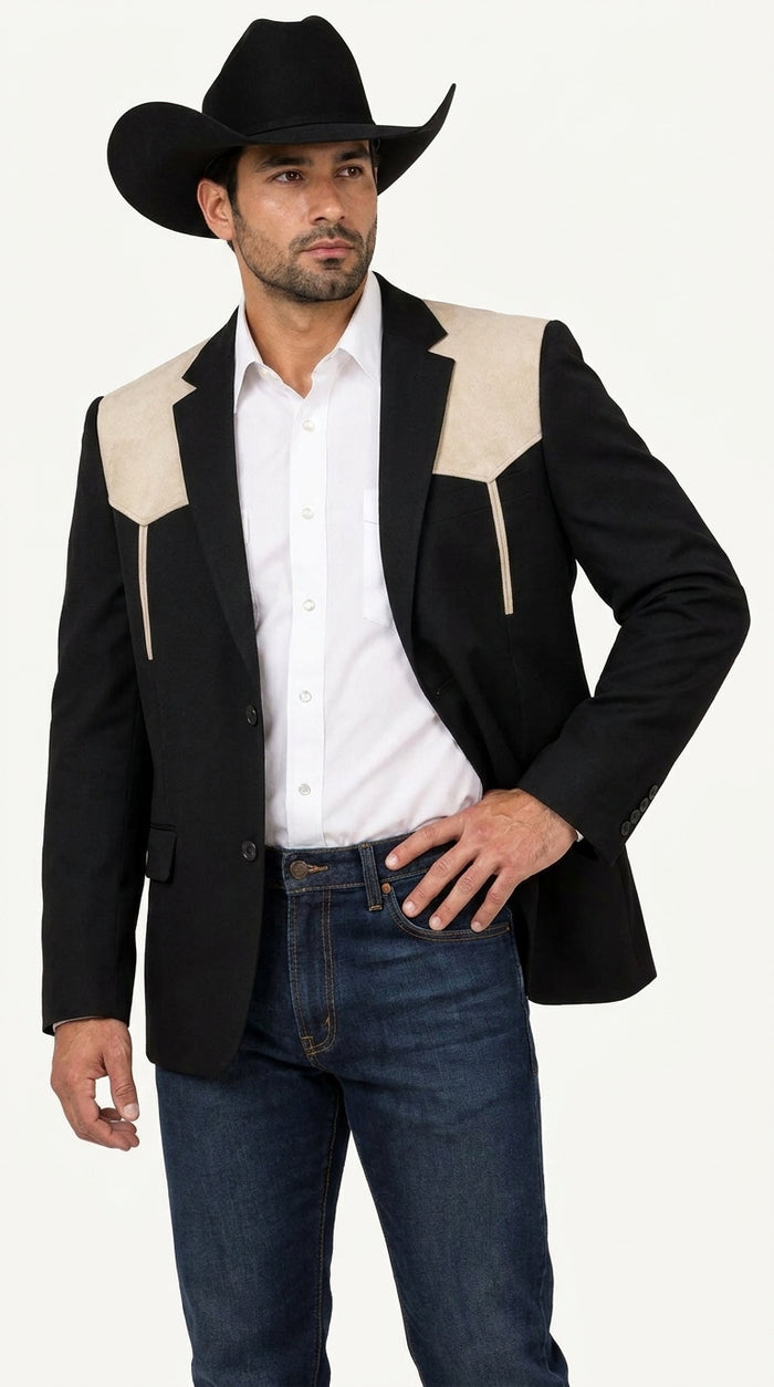 Men’s Black & Bone Tan Western Blazer – Cowboy Sport Coat with Suede Yoke for Rodeo, Ranch & Country Wear