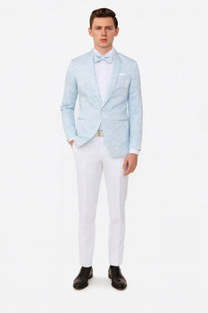 Mens Light Blue Paisley Tuxedo Jacket with Matching Bow Tie – Slim Fit Blazer for Weddings, Prom, and Formal Events