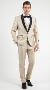 Men’s Champagne Beige Shiny Tuxedo 3 Piece Suit with Black Shawl Lapel | Formal Wedding Prom Suit Set in Sand Light Tan Color