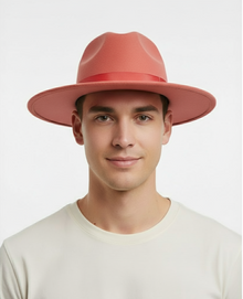 Men’s Coral Pink Wide Brim Fedora Hat – Wool Felt Dress Hat with Red Ribbon Band