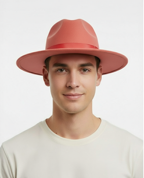 Men’s Coral Pink Wide Brim Fedora Hat – Wool Felt Dress Hat with Red Ribbon Band