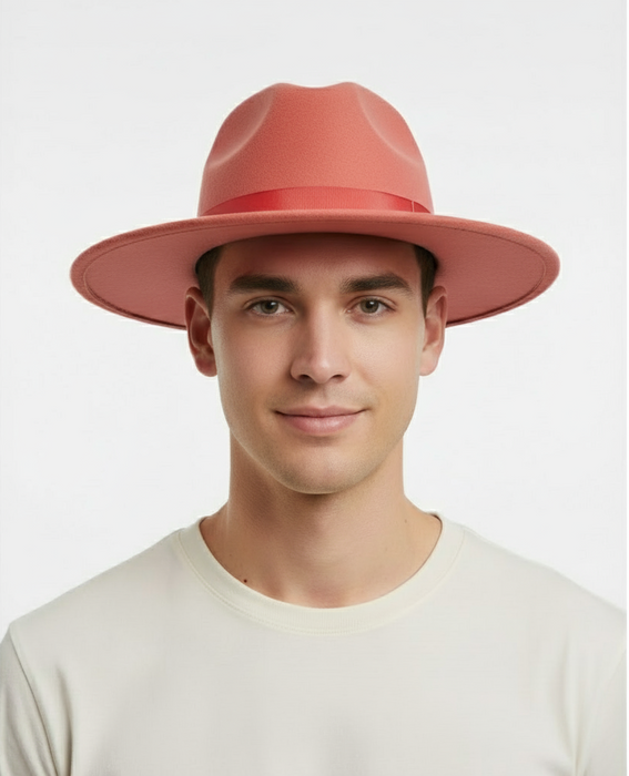 Men’s Coral Pink Wide Brim Fedora Hat – Wool Felt Dress Hat with Red Ribbon Band