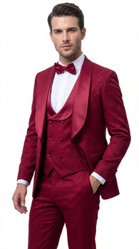 Mens Burgundy Wedding Tuxedo Suit – Paisley Three Piece Formal Suit Set with Shawl Lapel for Groom, Prom
