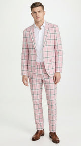 Men’s Pink Plaid Suit with Check Pattern Blazer and Matching Pants, Formal Wedding Party Dress Suit