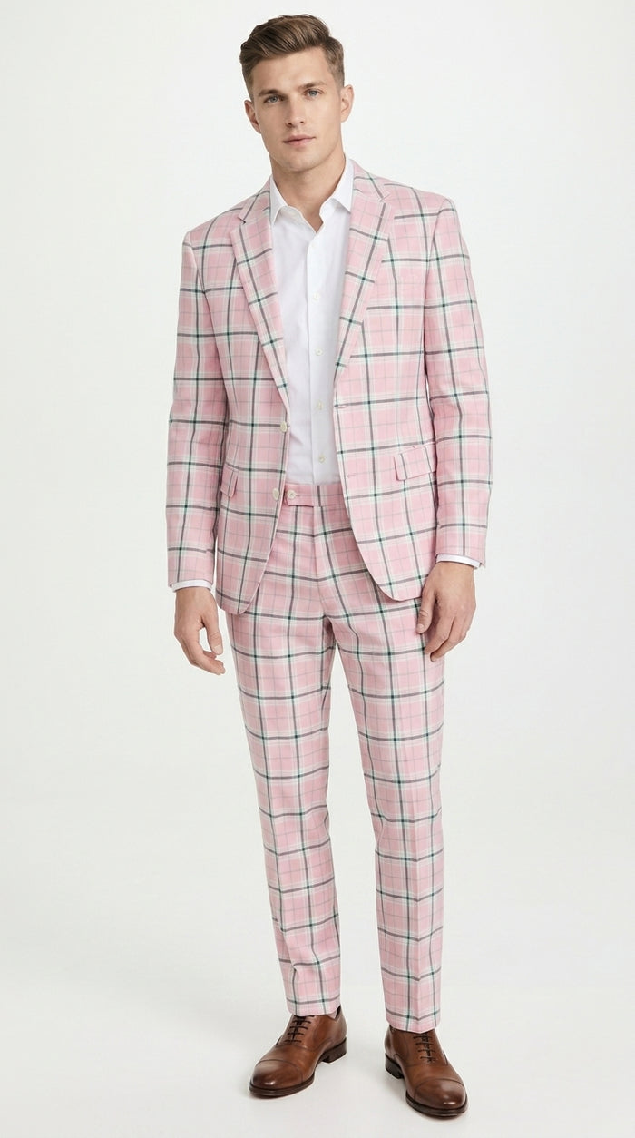 Men’s Pink Plaid Suit with Check Pattern Blazer and Matching Pants, Formal Wedding Party Dress Suit