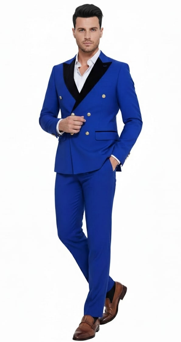 Mens Royal Blue Double-Breasted Tuxedo Suit – Modern Slim Fit Formal Wedding and Prom Outfit with Black Satin Lapel