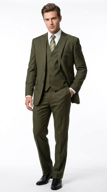 Men’s Olive 3 Piece Suit with Blazer, Vest and Pants, Formal Wedding Business Dress Suit