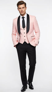 Men’s Blush Pink Tuxedo Suit Set with Black Shawl Lapel – 3 Piece Formal Wedding and Party Prom Vest + Black Pants
