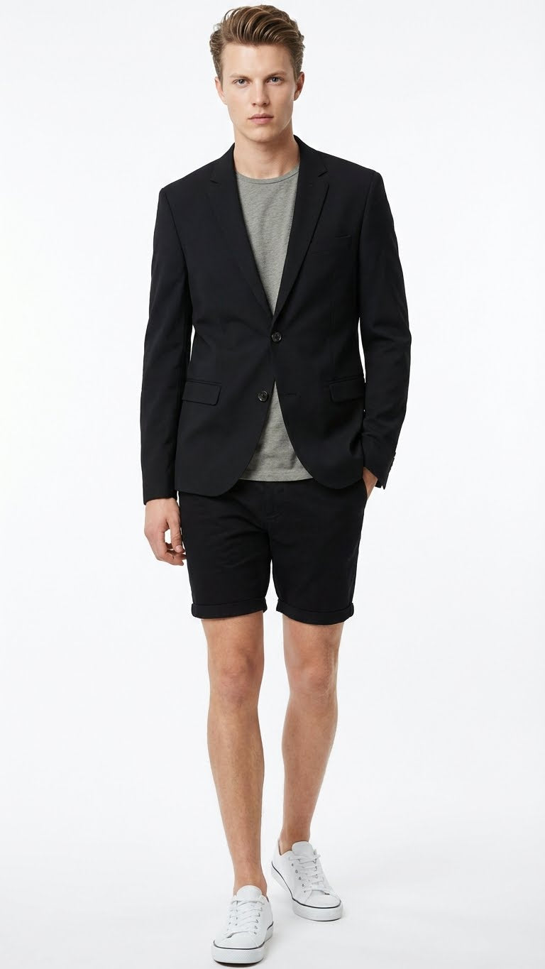 Men’s Black Summer Business Suit with Shorts Pants Set Modern Fit