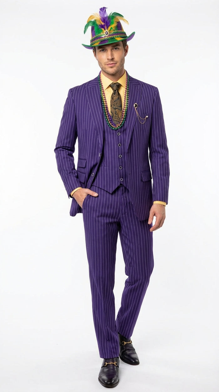 Men’s Purple Pinstripe Mardi Gras Suit | Three Piece Carnival Formal Suit with Vest Modern Fit