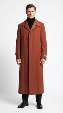 Men’s Full-Length Cognac Overcoat – Premium Wool-Blend Long Dress Coat for Winter and Formal Wear in Rust Brick Color