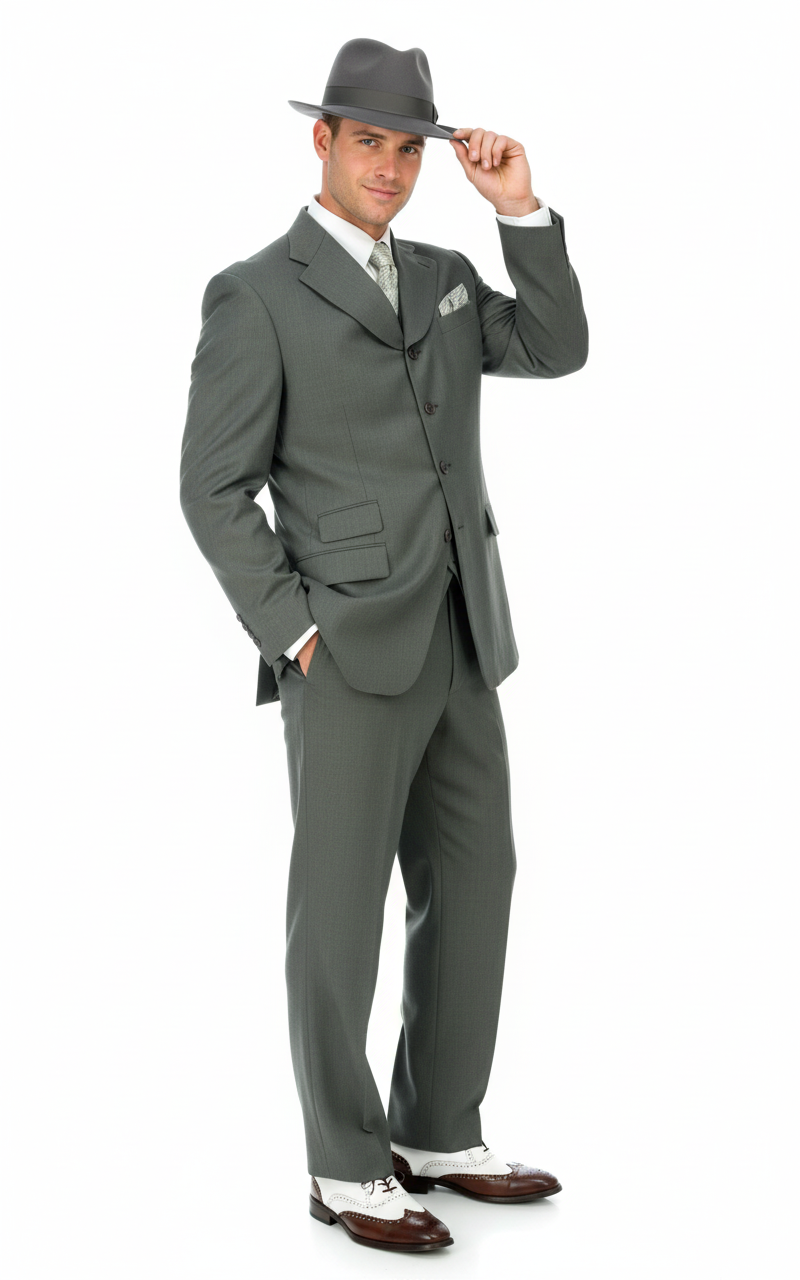 Men’s 1920s Olive Zoot Suit  – 4 Buttons  Gangster Wide Lapel Long Jacket 3-Piece Suit in Olive Color Classic Fit Pleated Pants