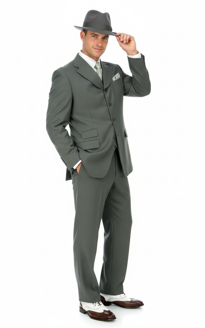 Men’s 1920s Olive Zoot Suit  – 4 Buttons  Gangster Wide Lapel Long Jacket 3-Piece Suit in Olive Color Classic Fit Pleated Pants