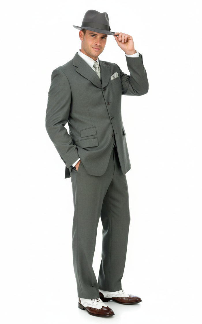Men’s 1920s Olive Zoot Suit  – 4 Buttons  Gangster Wide Lapel Long Jacket 3-Piece Suit in Olive Color Classic Fit Pleated Pants