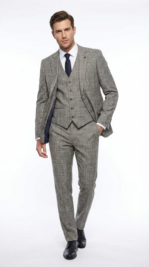 Vitali Brand Men’s Grey Textured Patterned 3 Piece Suit – Modern Fit Checkered Sharkskin with Blazer, Vest & Trousers, Business Wedding