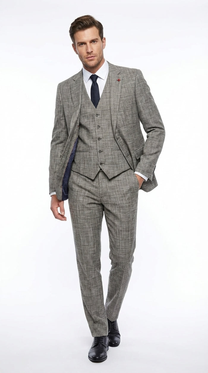 Vitali Brand Men’s Grey Textured Patterned 3 Piece Suit – Modern Fit Checkered Sharkskin with Blazer, Vest & Trousers, Business Wedding
