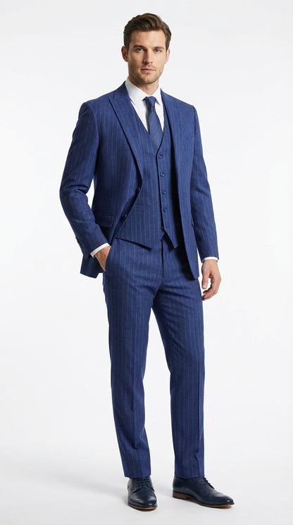 Men’s Cobalt Blue 3 Piece Suit – Indigo Light Blue Pinstripe Formal Suit with Vest for Wedding, Business Two buttons Modern Fit