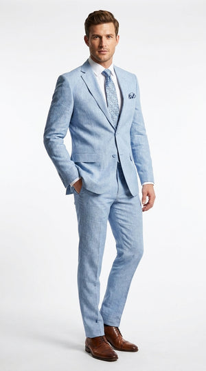 Men’s Light Blue Linen Summer Suit – Two Button Blazer with Elbow Patch Sleeves