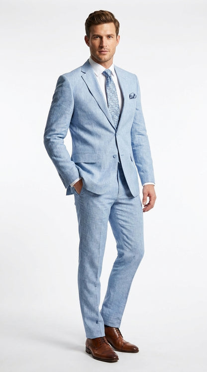 Men’s Light Blue Linen Summer Suit – Two Button Blazer with Elbow Patch Sleeves