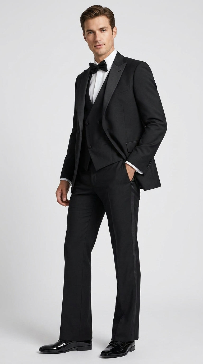 Men’s Black Boot Cut 3-Piece Tuxedo Suit – Peak Lapel Wedding, Prom and Formal Suit 1970s Style