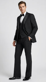 Men’s Black Boot Cut 3-Piece Tuxedo Suit – Peak Lapel Wedding, Prom and Formal Suit 1970s Style