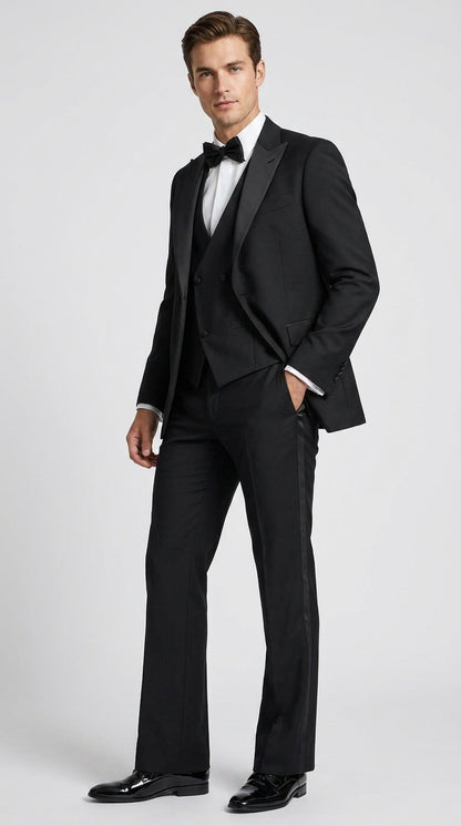 Men’s Black Boot Cut 3-Piece Tuxedo Suit – Peak Lapel Wedding, Prom and Formal Suit 1970s Style