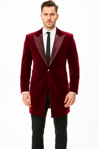 Men’s Burgundy Tuxedo in  Velvet  Long Blazer – Victorian Cutaway Tuxedo Suit 1920s Gangster Style Long Jacket with Black Pants