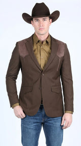 Men’s Dark Brown Western Blazer with Suede Yoke – Cowboy Sport Coat with Western Shoulder Details