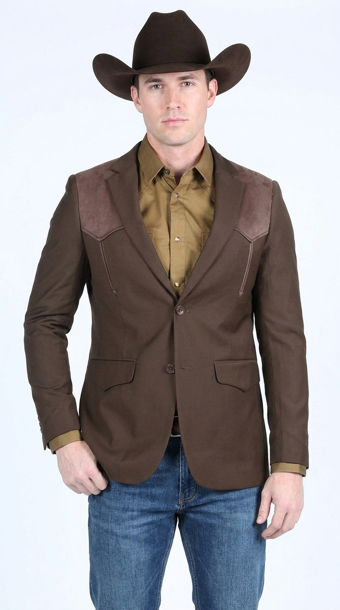 Men’s Dark Brown Western Blazer with Suede Yoke – Cowboy Sport Coat with Western Shoulder Details