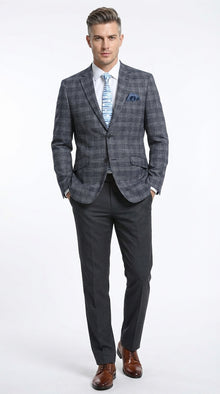 Mens Charcoal Gray with Blue Plaid Pattern Blazer Jacket – Classic Check Pattern Sport Coat for Business, Office, and Smart Casual Wear
