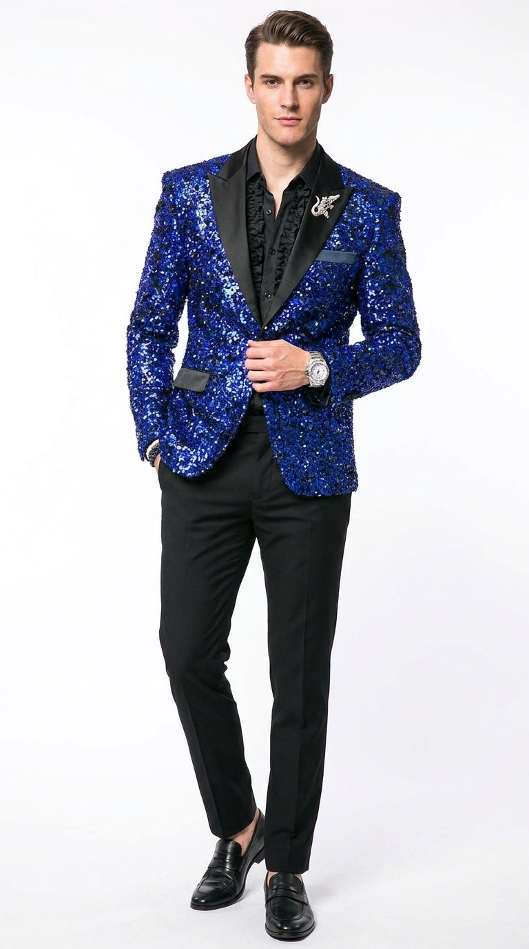 Men’s Blue Sequin Sparkle Blazer Jacket with Black Satin Lapel, Party Prom Wedding Dinner Coat Royal ~ Black / 44 Regular