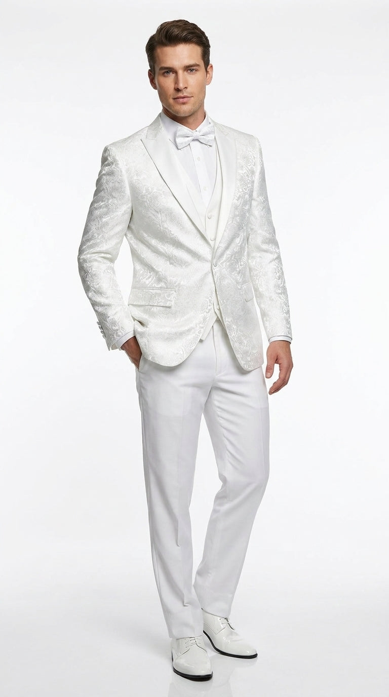 Men’s White Paisley Wedding Tuxedo with Groom Suit Jacket, Vest and Pants, Formal Dress Suit