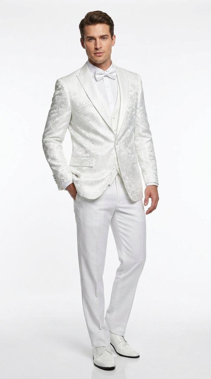 Men’s White Paisley Wedding Tuxedo with Groom Suit Jacket, Vest and Pants, Formal Dress Suit