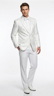 Men’s White Paisley Wedding Tuxedo with Groom Suit Jacket, Vest and Pants, Formal Dress Suit