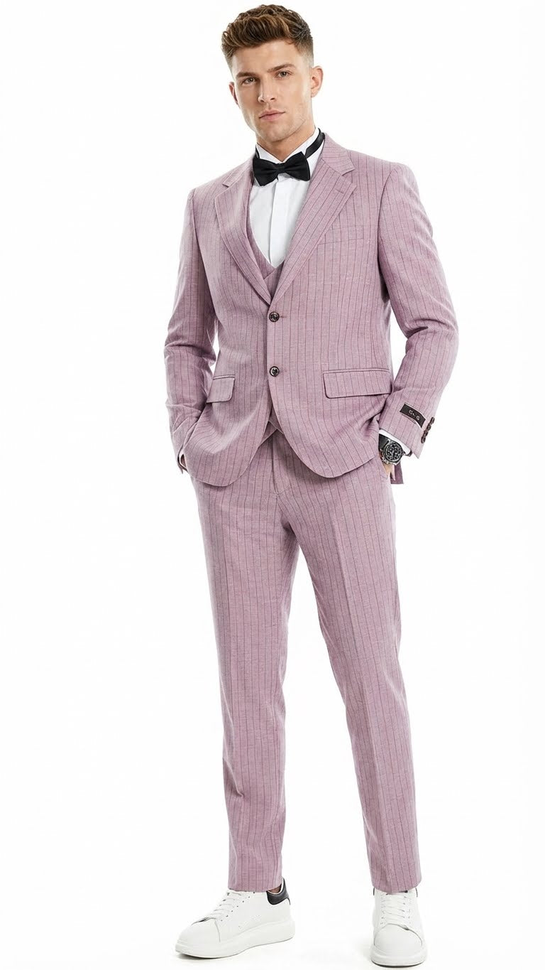 Men’s Dusty Rose Pink Pinstripe Three Piece Suit with Vest | Wedding and Party Formal Wear Prom or Church Suit Modern Fit