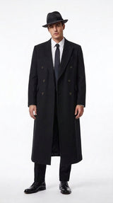Men’s Godfather Black Double-Breasted Long Overcoat – Vintage Mobster Gangster Coat