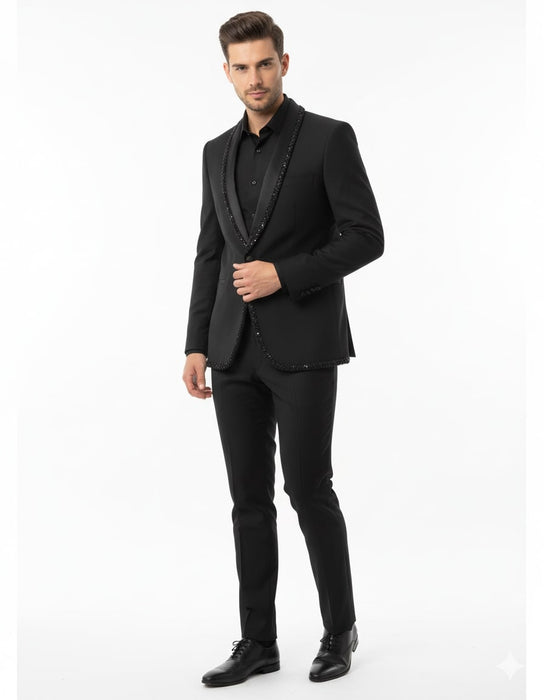Mens Classic Black Designer Tuxedo Suit with Beaded Lapel – Elegant Formal and Party Wear Jacket and Pants