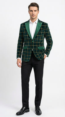 Mens Tartan Green and Gold Check Blazer – Windowpane Plaid Sport Coat Velvet Lapel Plaid Christmas Holiday New Year Jacket